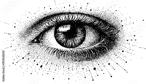 Sacred geometry halo and human eye stippling in black and white for art and design