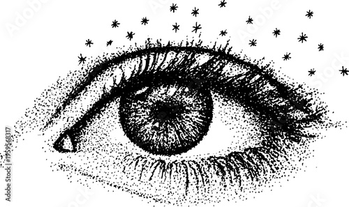Intricate human eye with radiant rays and stars in black and white stippling art