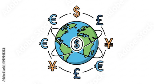 Global currency exchange concept with earth surrounded by international money symbols
