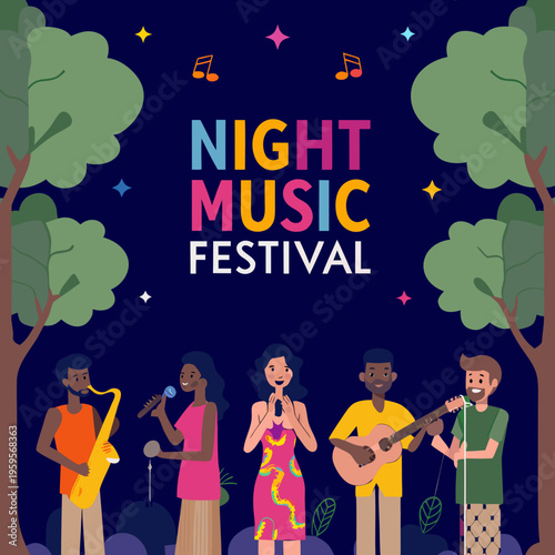 Night music festival poster featuring diverse musicians performing outdoors