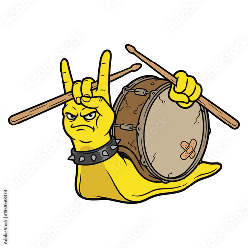 Yellow cartoon snail playing drum sticks.