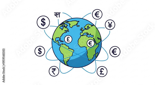 Global currency exchange concept with world map and international money symbols