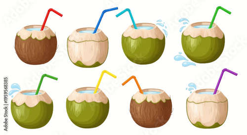 Colorful vector illustration of coconut drinks with straws