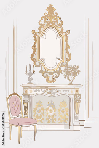 An ornate golden mirror hangs above a decorated fireplace mantelpiece