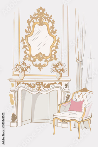 Elegant room interior featuring a gilded mirror fireplace and chaise lounge