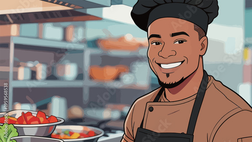Chef prepares fresh vegetables in a busy kitchen during lunch service at a restaurant