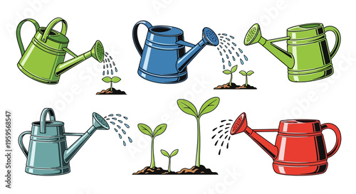 Colorful watering cans watering young plants in soil illustration