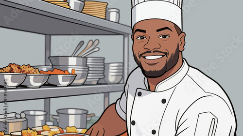 Chef prepares food in a kitchen during lunch service at a restaurant setting with various dishes ready for plating