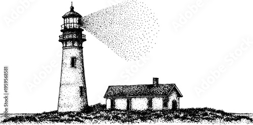 Lighthouse with sacred geometry halo in black and white, stippling effect design for prints