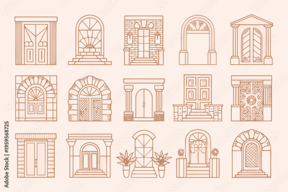 Fototapeta premium Collection of diverse architectural door and archway line drawings