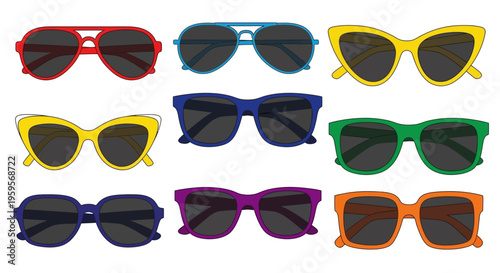 Colorful vector illustration of nine trendy sunglasses designs
