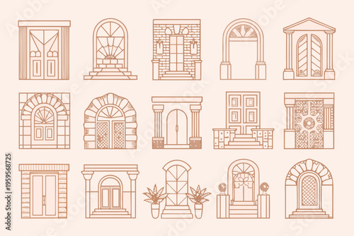 Collection of diverse architectural door and archway line drawings