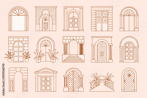 Collection of detailed line art illustrations featuring various architectural doorways