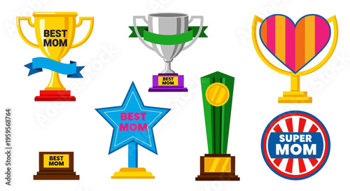 Colorful trophies and awards celebrating best mom and super mom