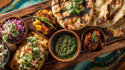 A wooden board with various Indian dishes and naan bread on a colorful table