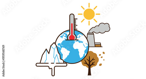 Global warming illustration depicting earth thermometer factory and environmental changes
