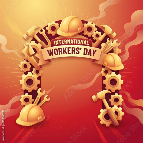 International Workers Day celebration banner with golden gears and hard hat