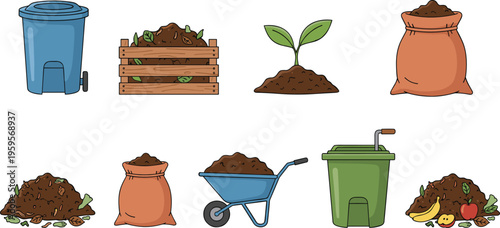 Cartoon composting and organic waste recycling set with bins, wheelbarrow, soil, plants, and eco tools in vector illustration