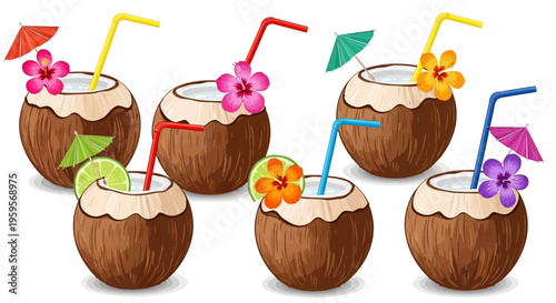 Colorful coconut drinks with umbrellas and straws illustration
