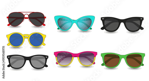 Colorful vector illustration of various stylish sunglasses designs