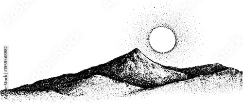 Black and white stipple illustration of moon surface crater landscape for print design
