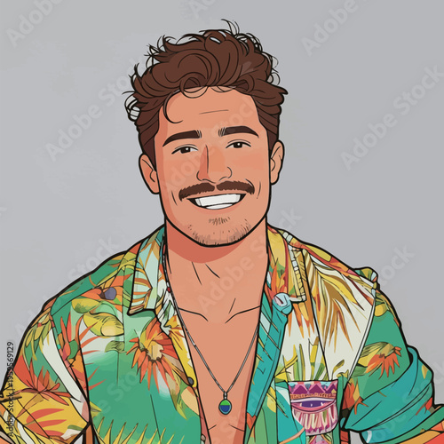 Man with curly hair smiles while wearing a colorful shirt with floral patterns in a simple setting during daytime
