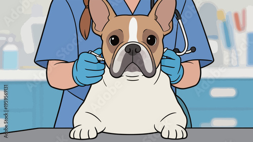 Vet examines French Bulldog at animal clinic during a routine health check with a caring vet