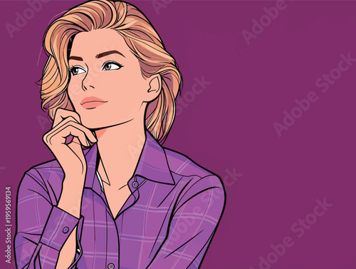 Woman in purple shirt thinks deeply while looking off to the side in a simple setting with a dark purple background