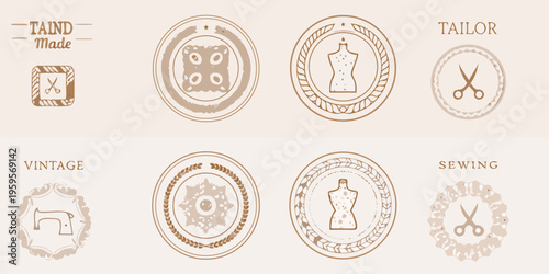 Vintage tailoring emblems featuring sewing tools and dress forms