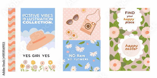 A collection of colorful floral themed banner illustrations with positive messages