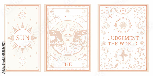 Three tarot cards featuring sun winged figure and judgement imagery