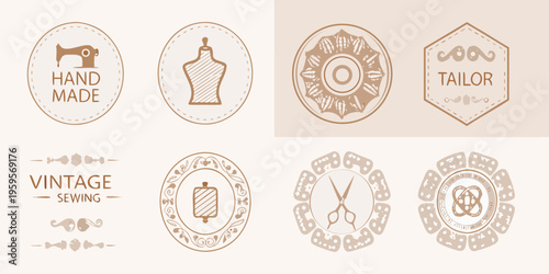 Vintage sewing emblems and badges with hand made tailoring illustrations