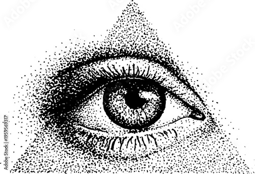 Mystical eye within sacred geometry triangle in black and white for spiritual design and decor