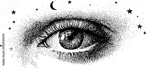 Mystical eye with crescent moon and stars in black and white design for posters and prints