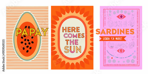 Three retro style posters featuring fruit text and wavy designs