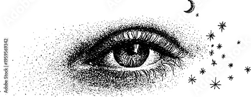 Mystical eye with crescent moon and stars in black and white for vintage design