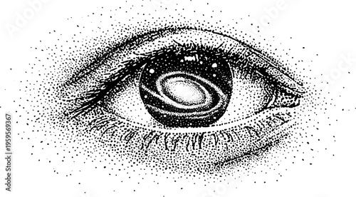 Mystical eye surrounded by spiral galaxy in black and white dotwork for inspirational design