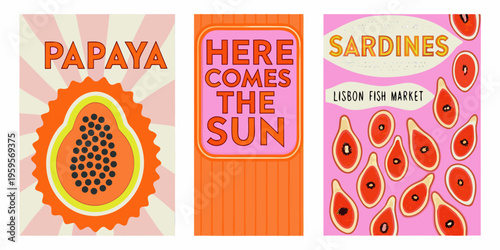 Retro style food illustrations featuring papaya sun and sardines