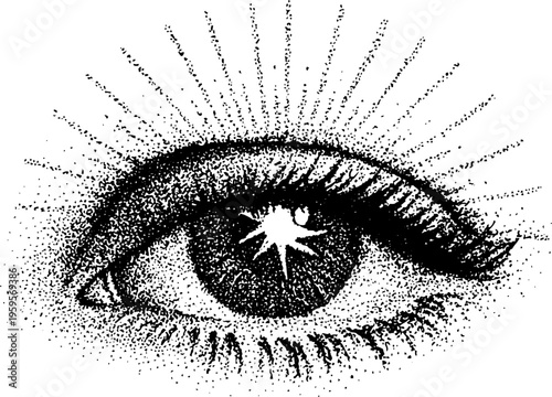 Mystical eye with radiant sun rays in black and white stippling for artistic design