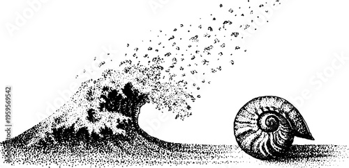 Nautilus shell and ocean wave spiral in black and white dotwork design for artistic print