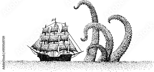 Intricate octopus tentacles enveloping ship in black and white stippling artwork for nautical design
