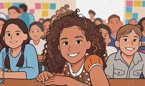 Children smiling in classroom during school day with many classmates in the background enjoying their time together