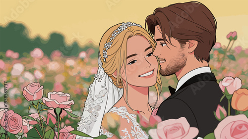 Couple smiles at each other in a flower field during their wedding ceremony in a sunny outdoor setting