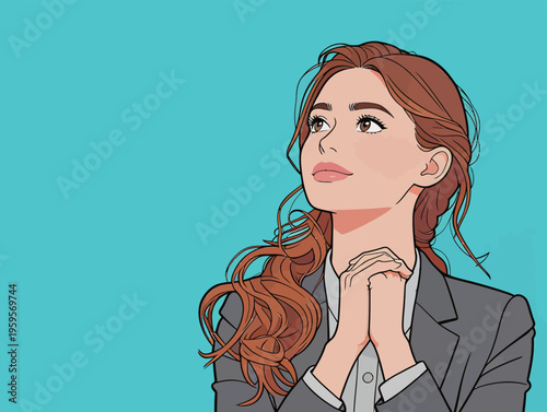 Woman looking up in a blue background while clasping her hands together in a thoughtful pose during a sunny day