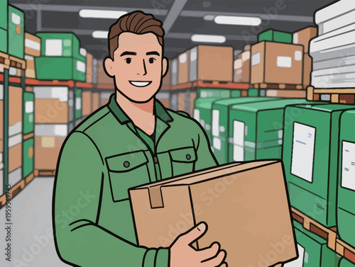 Worker carries a box in a warehouse with shelves full of packed goods during daytime operations