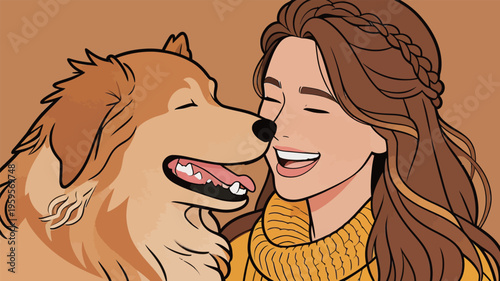 Woman smiles while playing with her dog at home during daytime