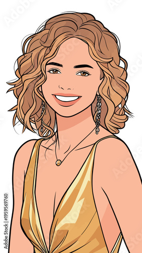 Young woman smiles widely wearing a gold dress with curly hair and earrings at a festive gathering in an illustrated style
