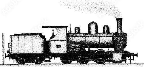 Vintage steam train locomotive in black and white stippling for classic design and nostalgic art