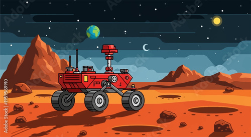 Red mars rover exploring rocky alien landscape with mountains planets and stars in night sky