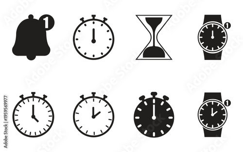 Set of four alarm clock and notification bell icons in a simple line.  time management, alerts, and digital tracking outline and con. vector illustration